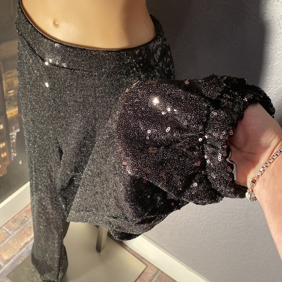 NEW YORK & CO - NWT - pocketed joggers: black sequin w elastic waist / cuffs - L - Picture 12 of 16
